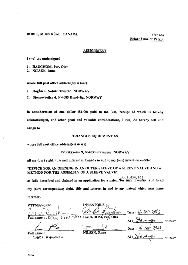 Document de brevet canadien 2430853. Cession 20031009. Image 2 de 2