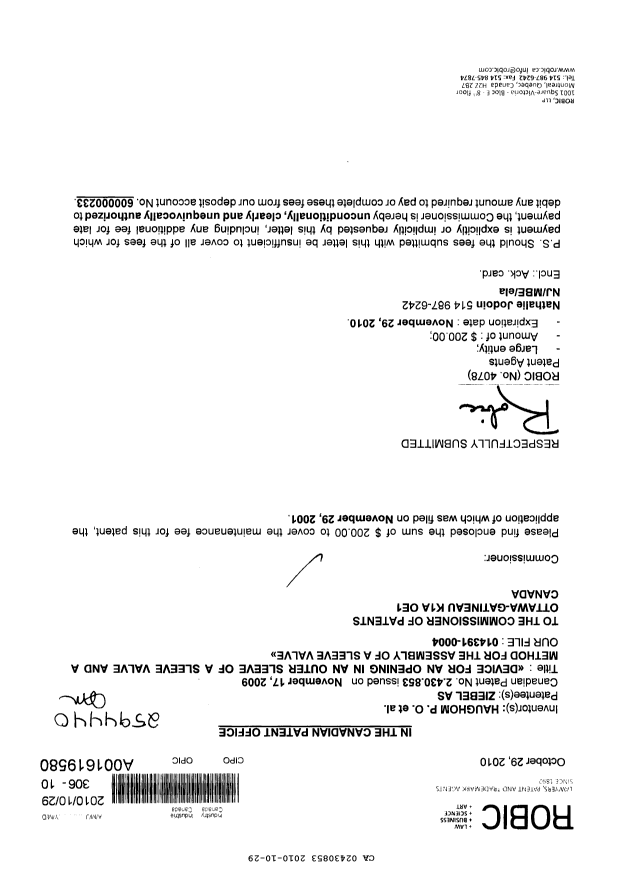 Canadian Patent Document 2430853. Fees 20101029. Image 1 of 1