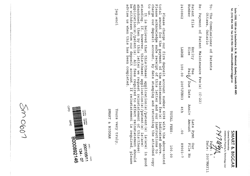 Document de brevet canadien 2430862. Taxes 20070511. Image 1 de 1