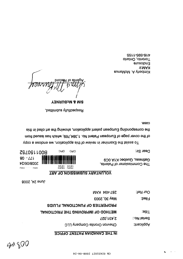 Canadian Patent Document 2431027. Prosecution-Amendment 20080624. Image 1 of 1