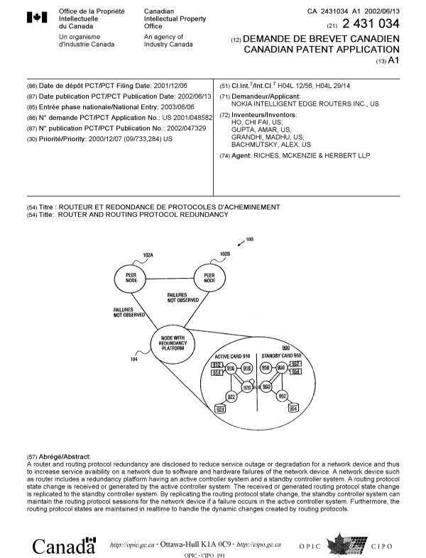 Document de brevet canadien 2431034. Page couverture 20021201. Image 1 de 1