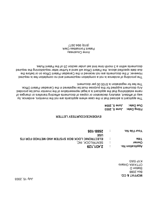 Document de brevet canadien 2431129. Correspondance 20021209. Image 1 de 1