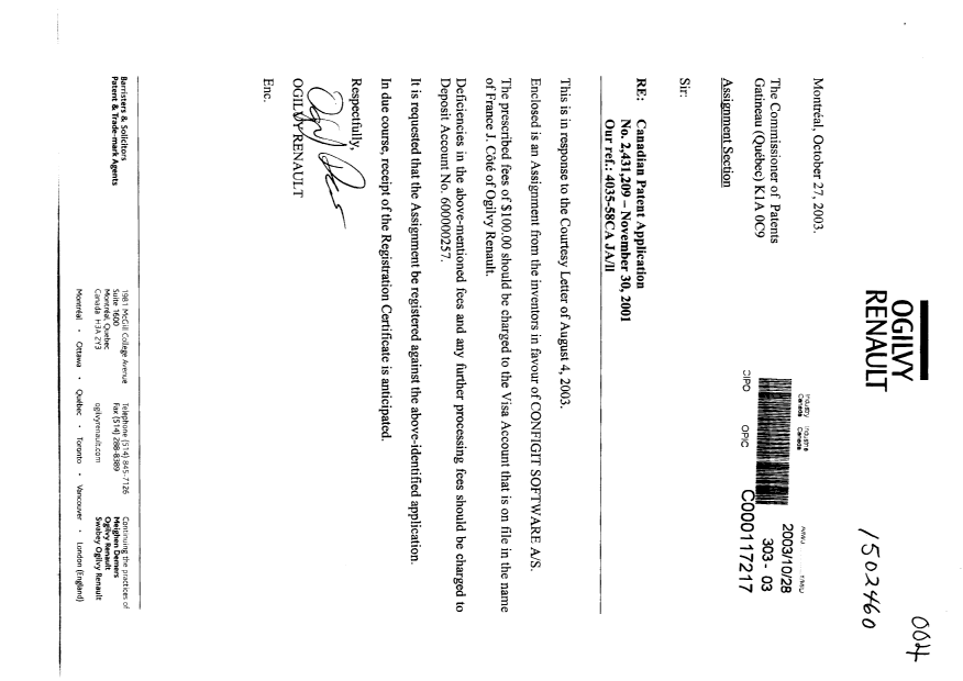 Document de brevet canadien 2431209. Cession 20021228. Image 1 de 3