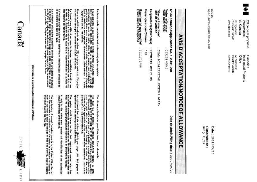 Document de brevet canadien 2431290. Correspondance 20110916. Image 1 de 1