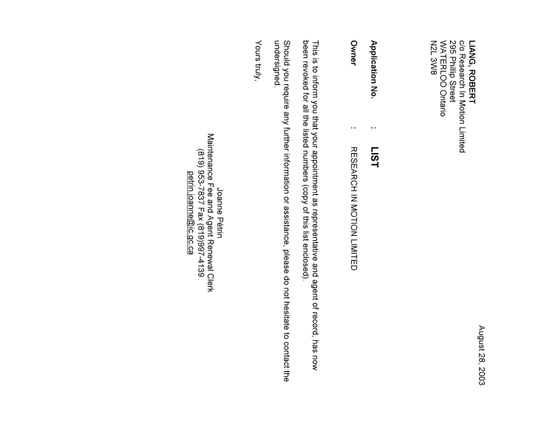 Document de brevet canadien 2431384. Correspondance 20030828. Image 1 de 1