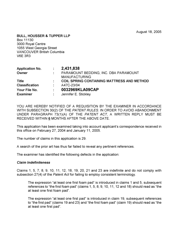 Canadian Patent Document 2431838. Prosecution-Amendment 20050818. Image 1 of 2