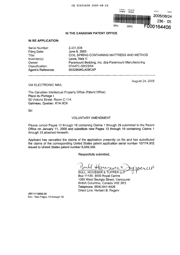 Document de brevet canadien 2431838. Poursuite-Amendment 20050824. Image 2 de 9