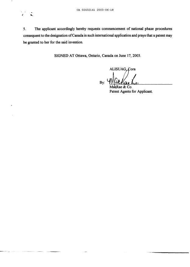 Document de brevet canadien 2432141. Cession 20030618. Image 3 de 3
