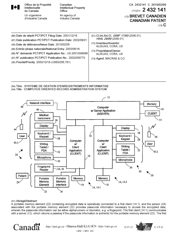 Document de brevet canadien 2432141. Page couverture 20091218. Image 1 de 2