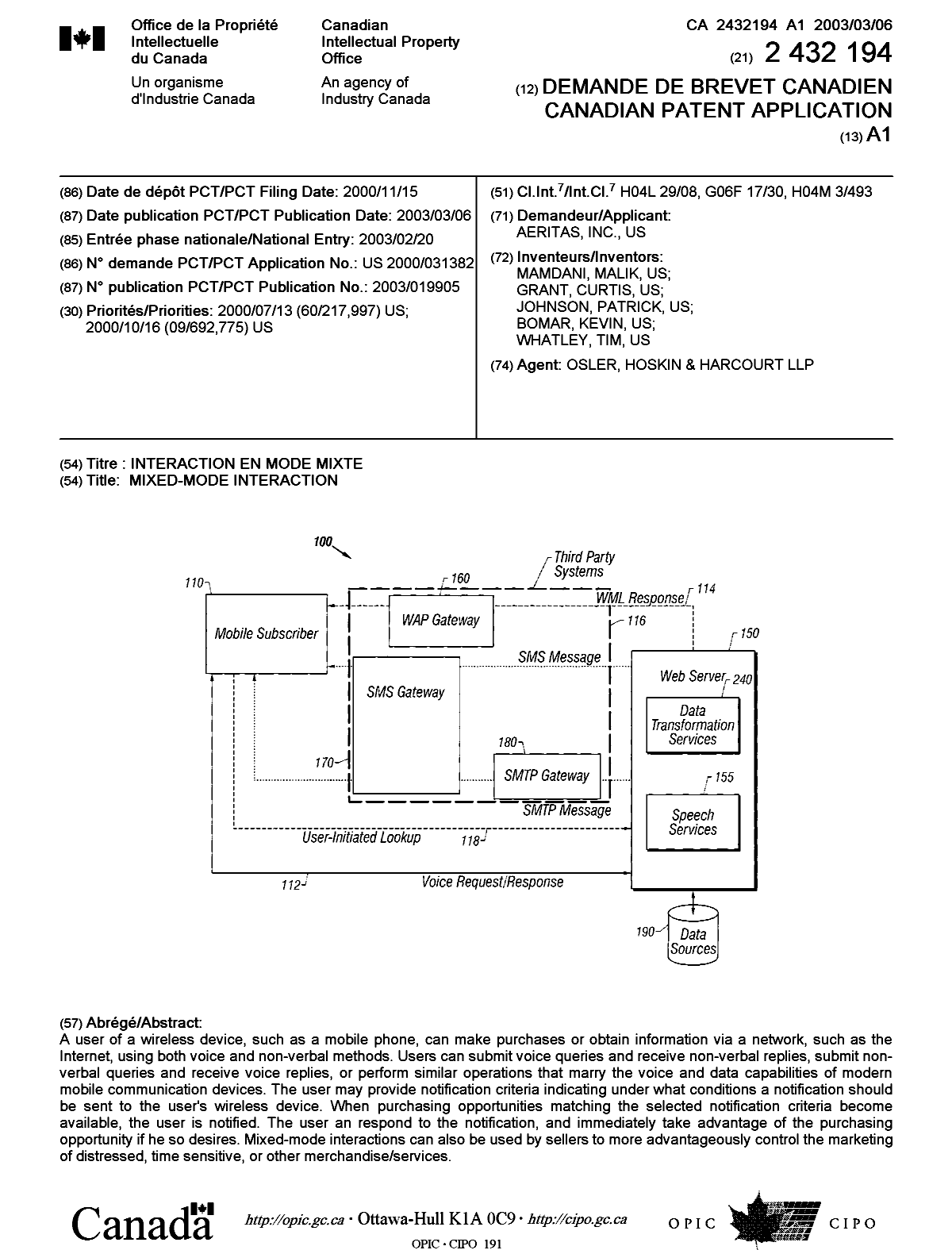 Document de brevet canadien 2432194. Page couverture 20021219. Image 1 de 1