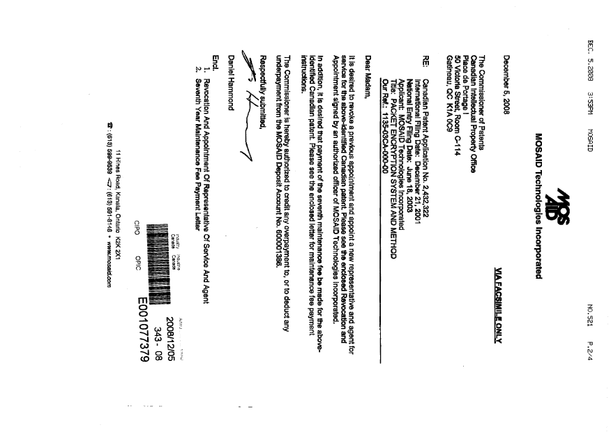Document de brevet canadien 2432322. Taxes 20071205. Image 2 de 2
