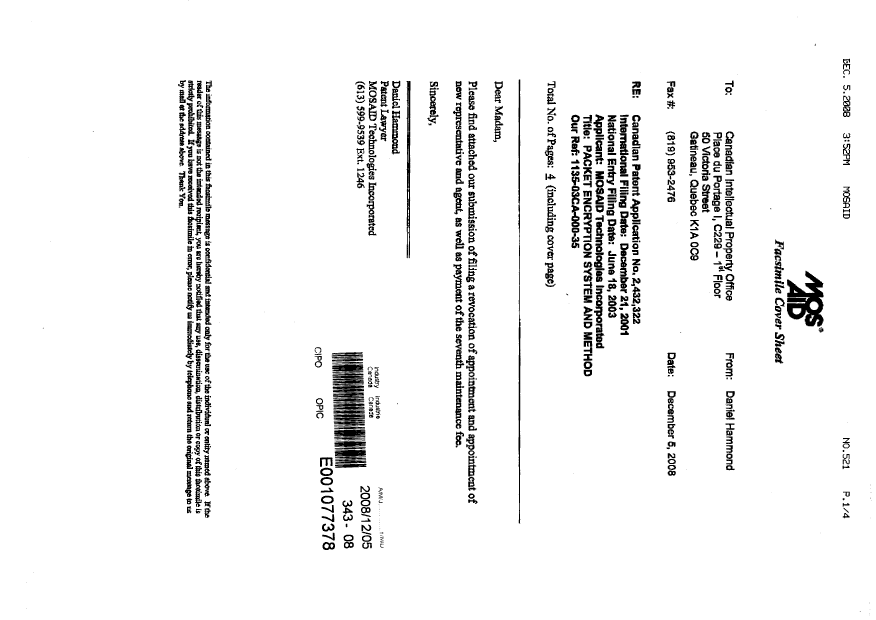 Canadian Patent Document 2432322. Correspondence 20071205. Image 2 of 4
