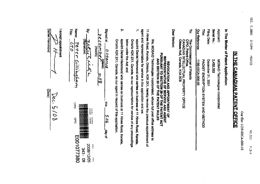 Document de brevet canadien 2432322. Correspondance 20071205. Image 4 de 4