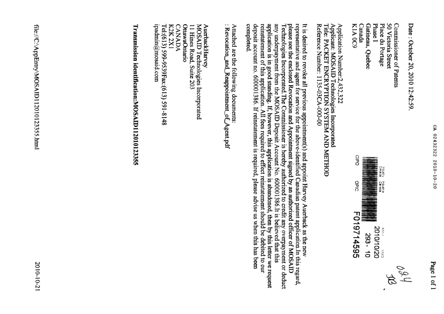 Document de brevet canadien 2432322. Correspondance 20091220. Image 1 de 2