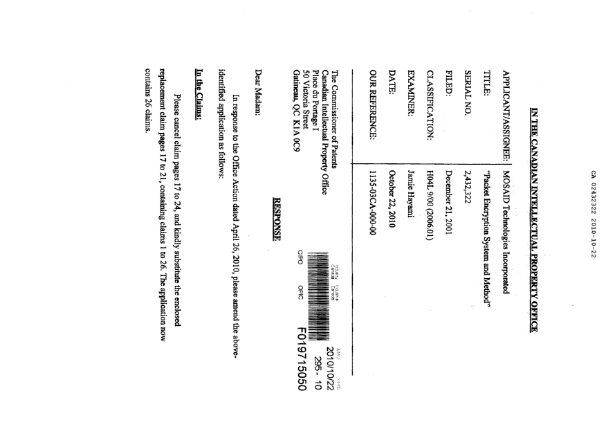 Document de brevet canadien 2432322. Poursuite-Amendment 20101022. Image 2 de 9