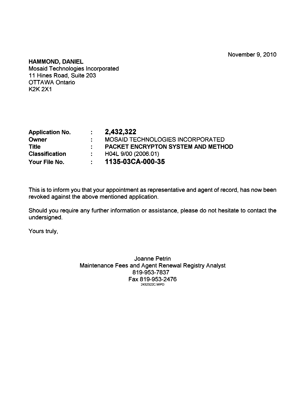 Document de brevet canadien 2432322. Correspondance 20101109. Image 1 de 1