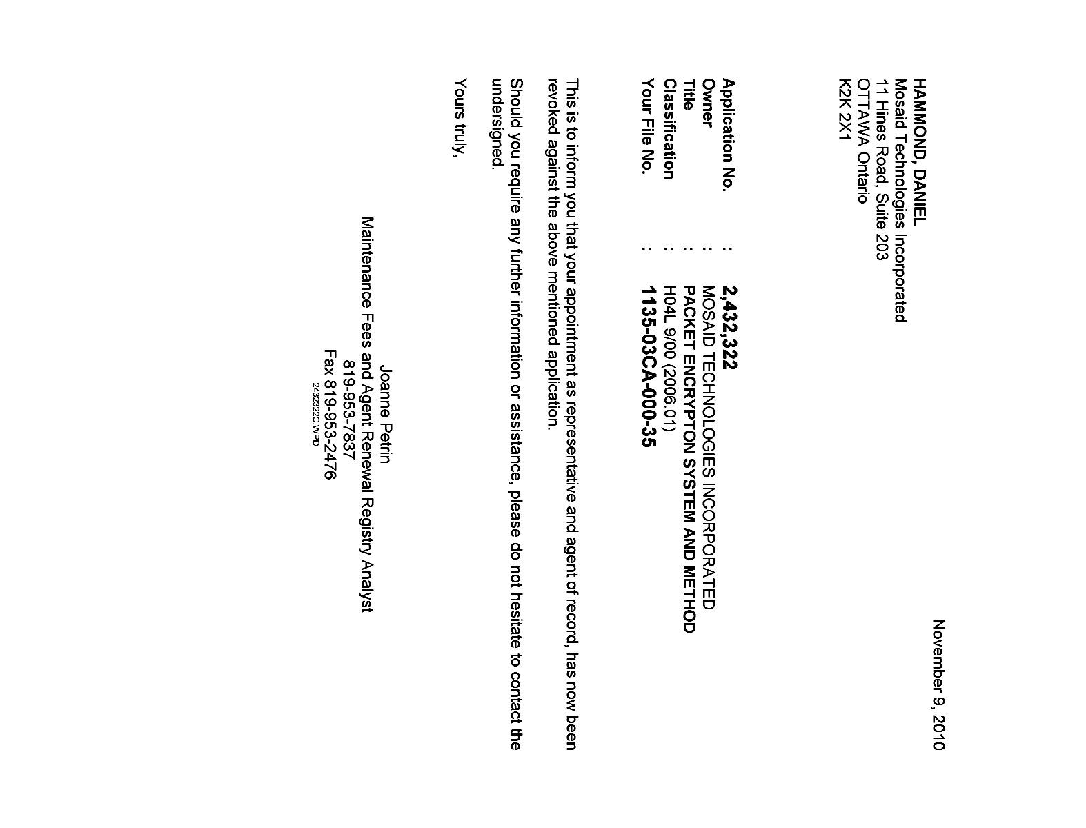 Canadian Patent Document 2432322. Correspondence 20101109. Image 1 of 1