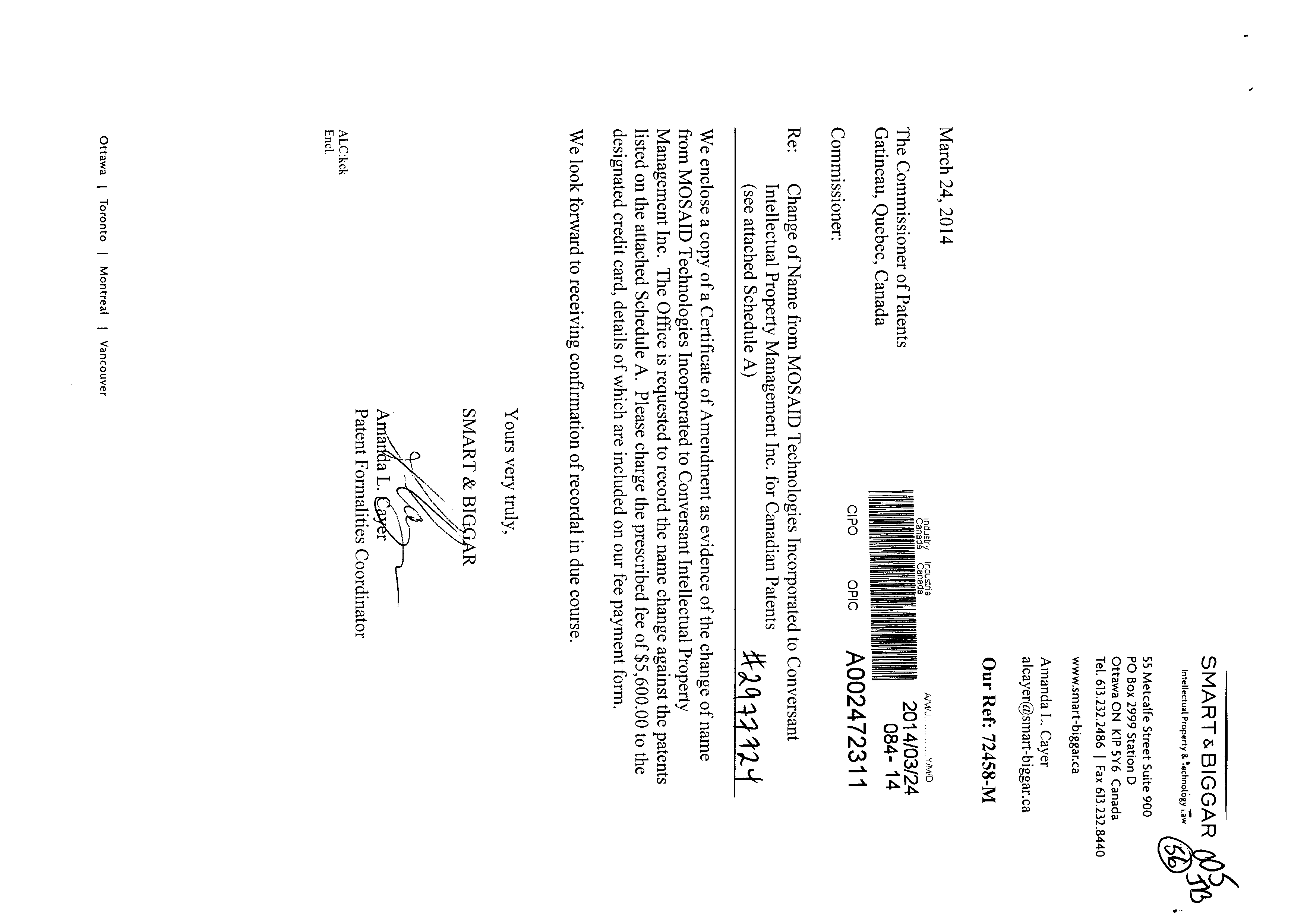 Document de brevet canadien 2432322. Cession 20131224. Image 1 de 6