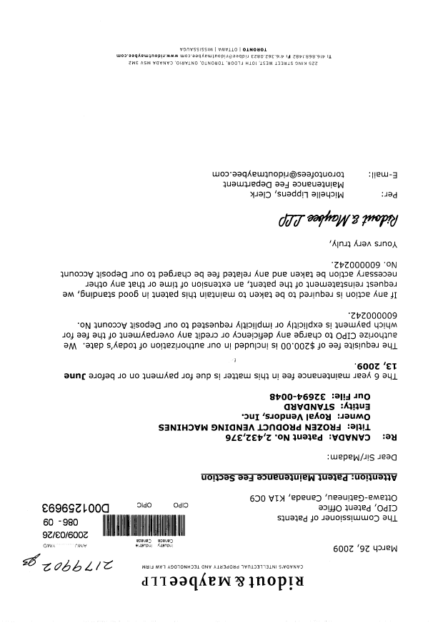 Canadian Patent Document 2432376. Fees 20090326. Image 1 of 1
