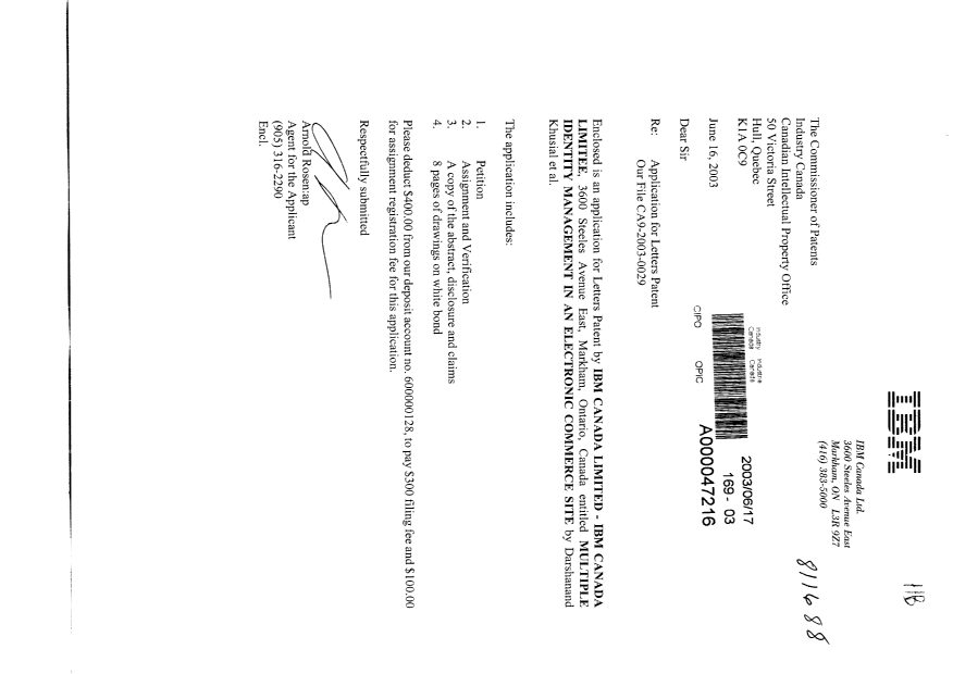 Document de brevet canadien 2432483. Cession 20030617. Image 1 de 4
