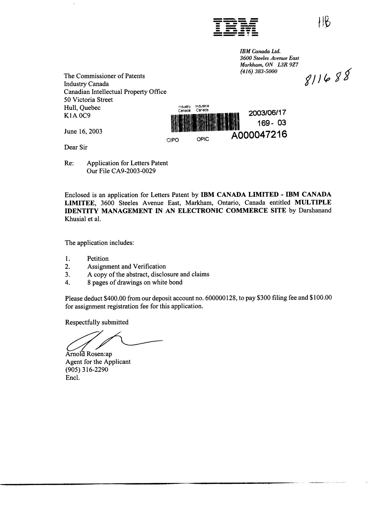 Document de brevet canadien 2432483. Cession 20030617. Image 1 de 4