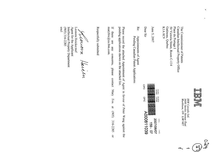 Document de brevet canadien 2432483. Correspondance 20070607. Image 1 de 3