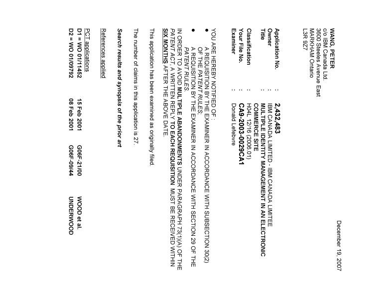 Document de brevet canadien 2432483. Poursuite-Amendment 20071219. Image 1 de 7