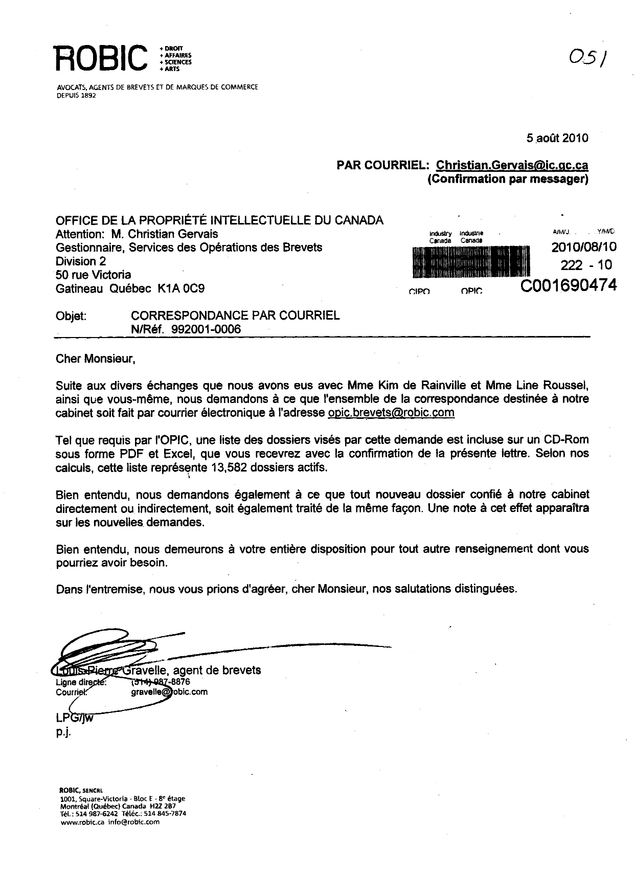 Document de brevet canadien 2432502. Correspondance 20100810. Image 1 de 1