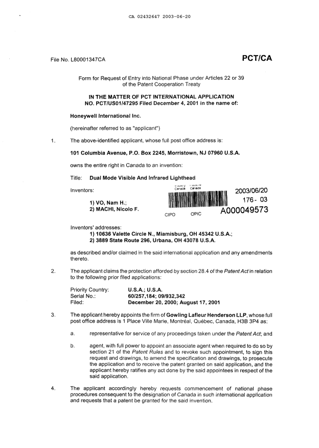 Canadian Patent Document 2432647. Assignment 20030620. Image 4 of 5