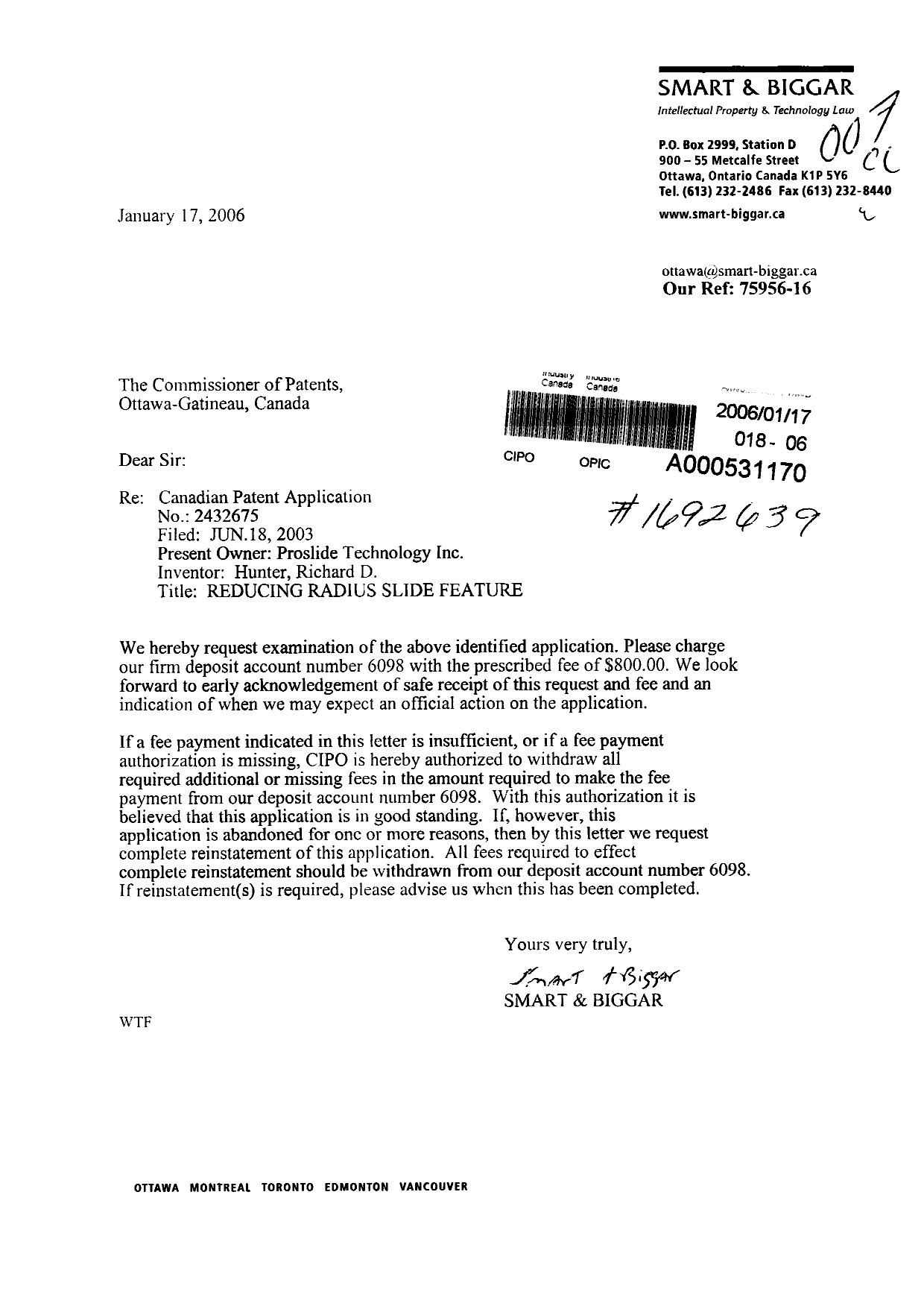 Document de brevet canadien 2432675. Poursuite-Amendment 20060117. Image 1 de 1