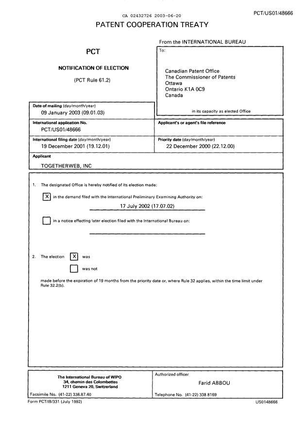 Document de brevet canadien 2432726. PCT 20030620. Image 1 de 3