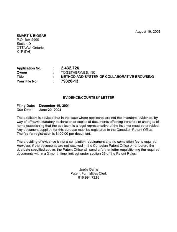 Document de brevet canadien 2432726. Correspondance 20030812. Image 1 de 1