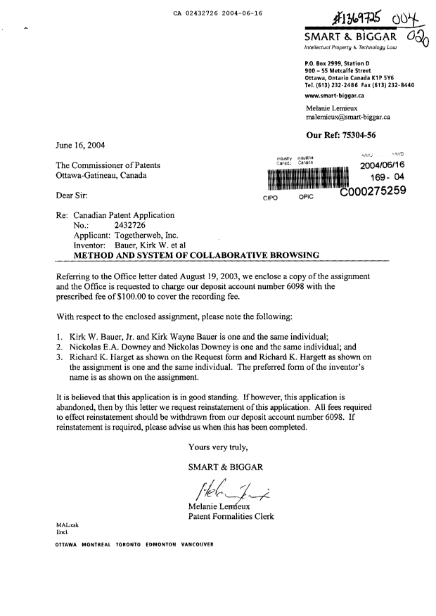 Canadian Patent Document 2432726. Correspondence 20040616. Image 1 of 1