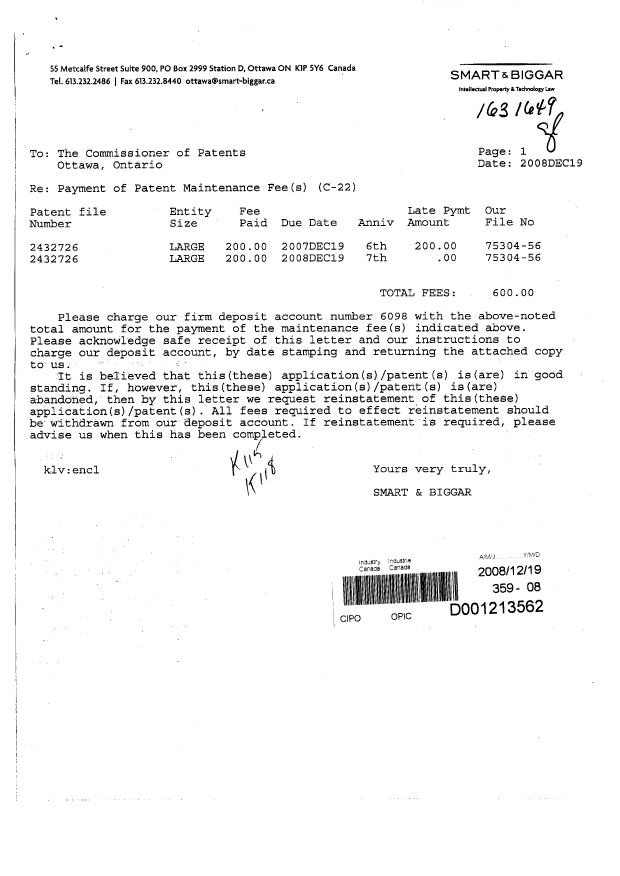 Document de brevet canadien 2432726. Taxes 20081219. Image 1 de 2