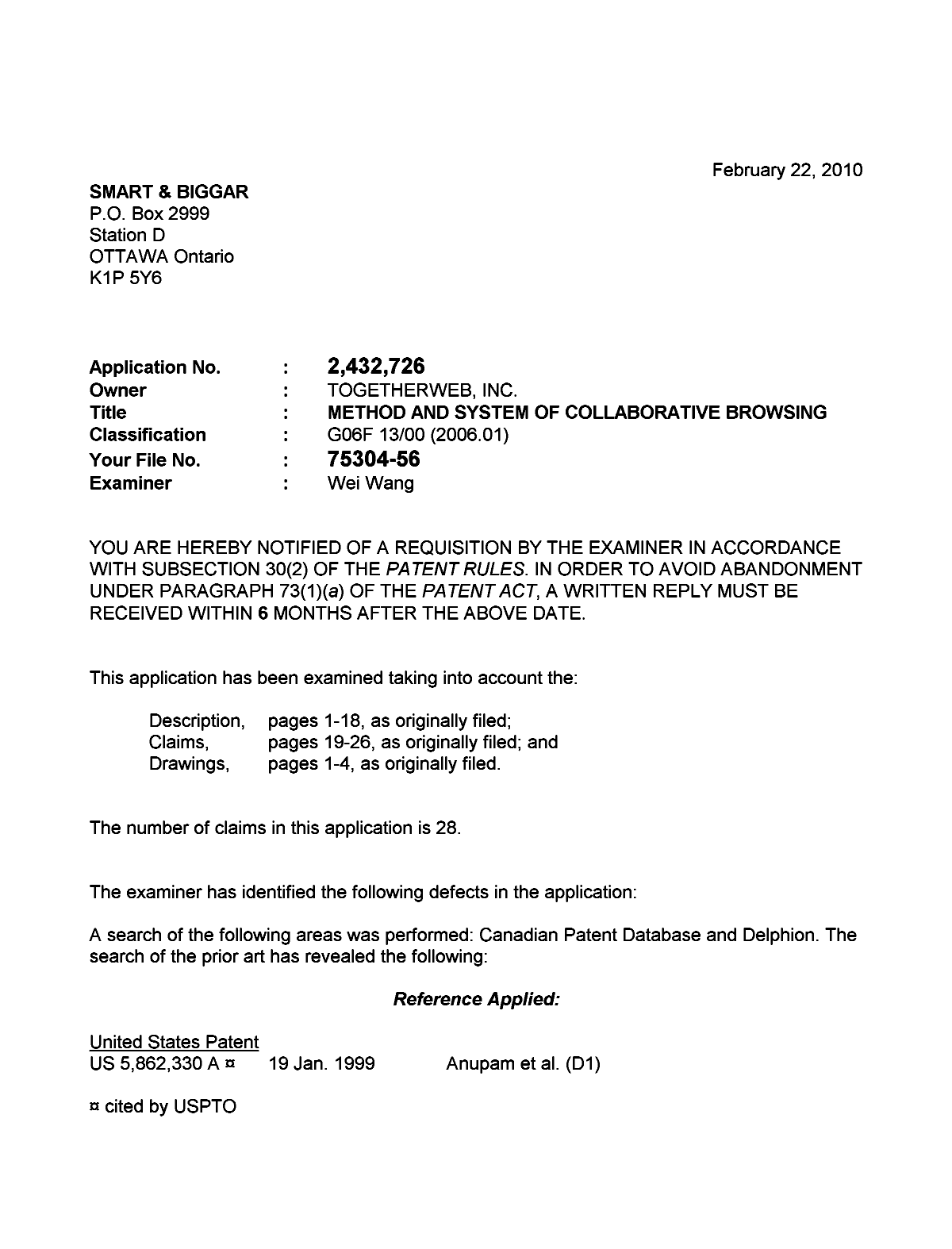 Canadian Patent Document 2432726. Prosecution-Amendment 20100222. Image 1 of 3