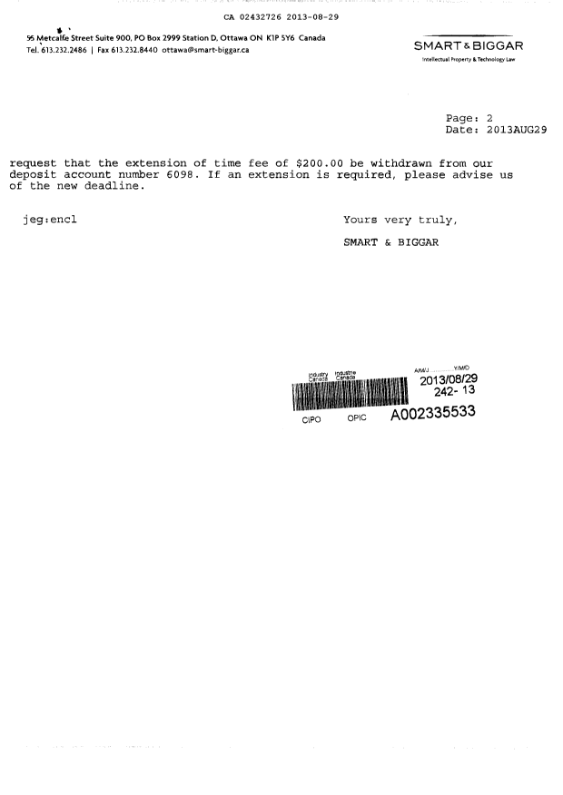Canadian Patent Document 2432726. Correspondence 20130829. Image 2 of 3