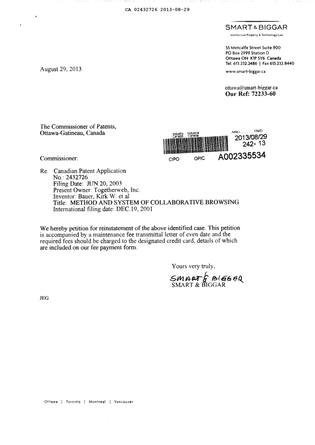 Canadian Patent Document 2432726. Correspondence 20130829. Image 3 of 3