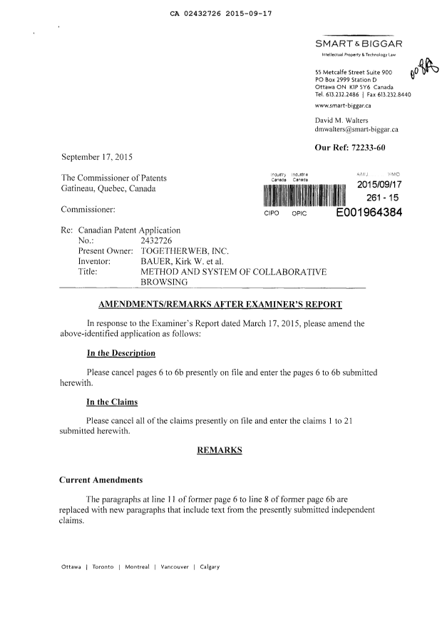 Document de brevet canadien 2432726. Modification 20150917. Image 1 de 13