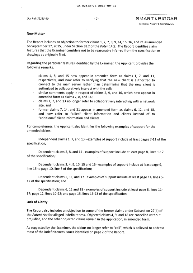 Canadian Patent Document 2432726. Amendment 20160921. Image 2 of 20