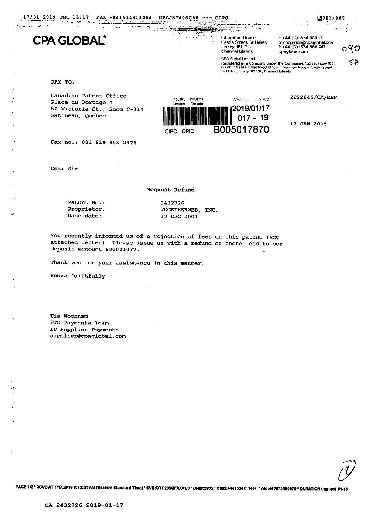 Canadian Patent Document 2432726. Refund 20190117. Image 1 of 2
