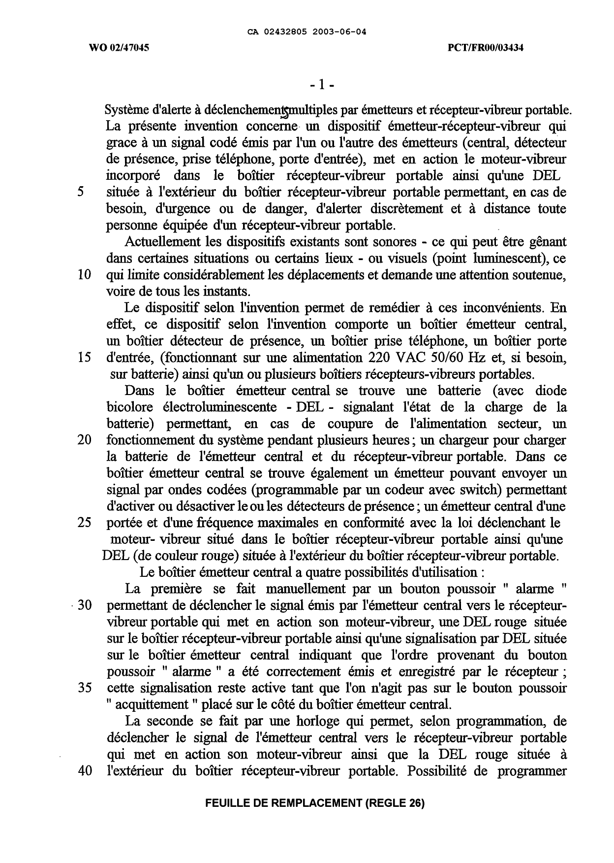 Canadian Patent Document 2432805. Description 20030604. Image 1 of 7
