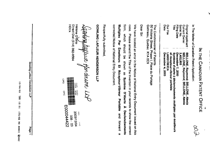 Document de brevet canadien 2432805. Correspondance 20031204. Image 1 de 2