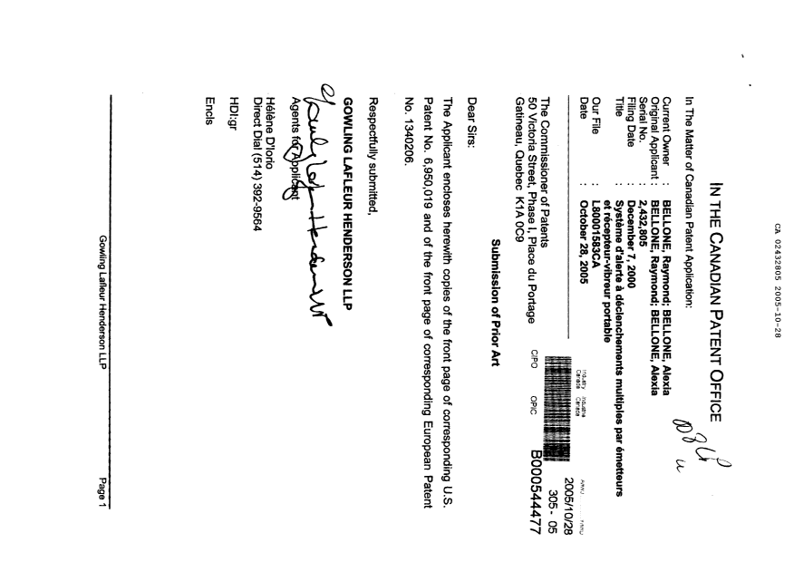 Canadian Patent Document 2432805. Prosecution-Amendment 20051028. Image 1 of 1
