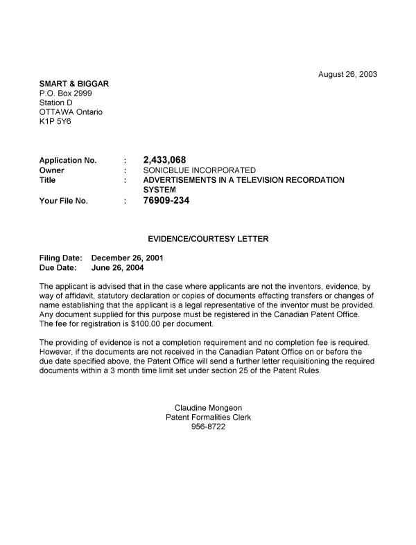 Document de brevet canadien 2433068. Correspondance 20030819. Image 1 de 1