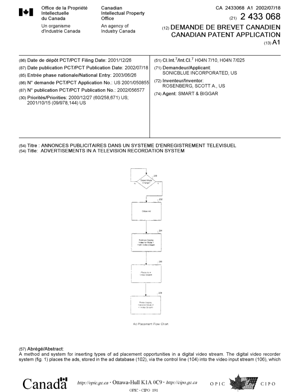 Document de brevet canadien 2433068. Page couverture 20030821. Image 1 de 2