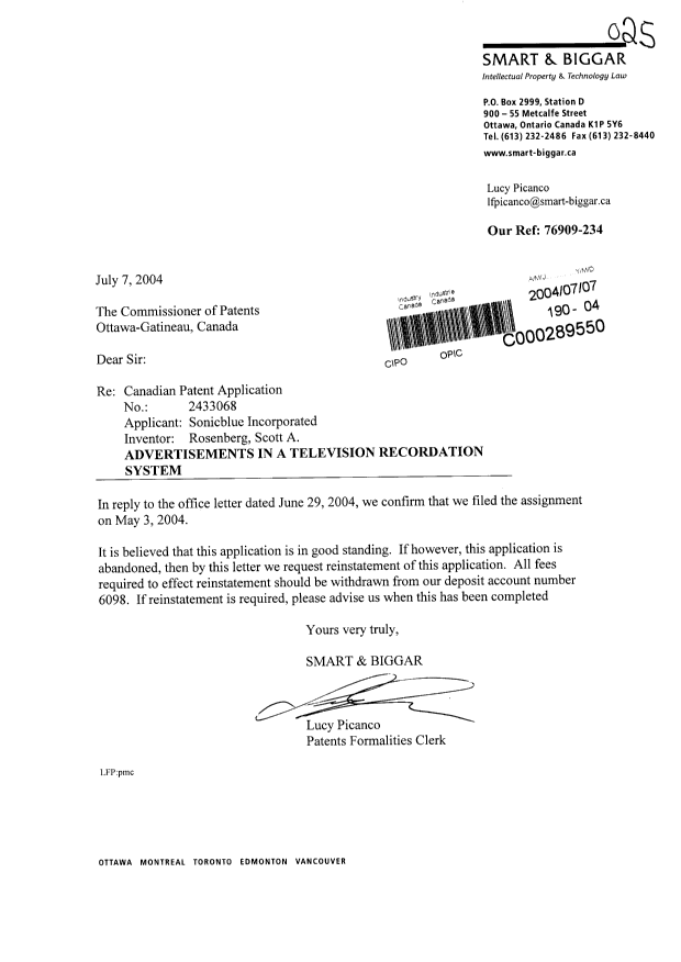 Document de brevet canadien 2433068. Cession 20040707. Image 1 de 1