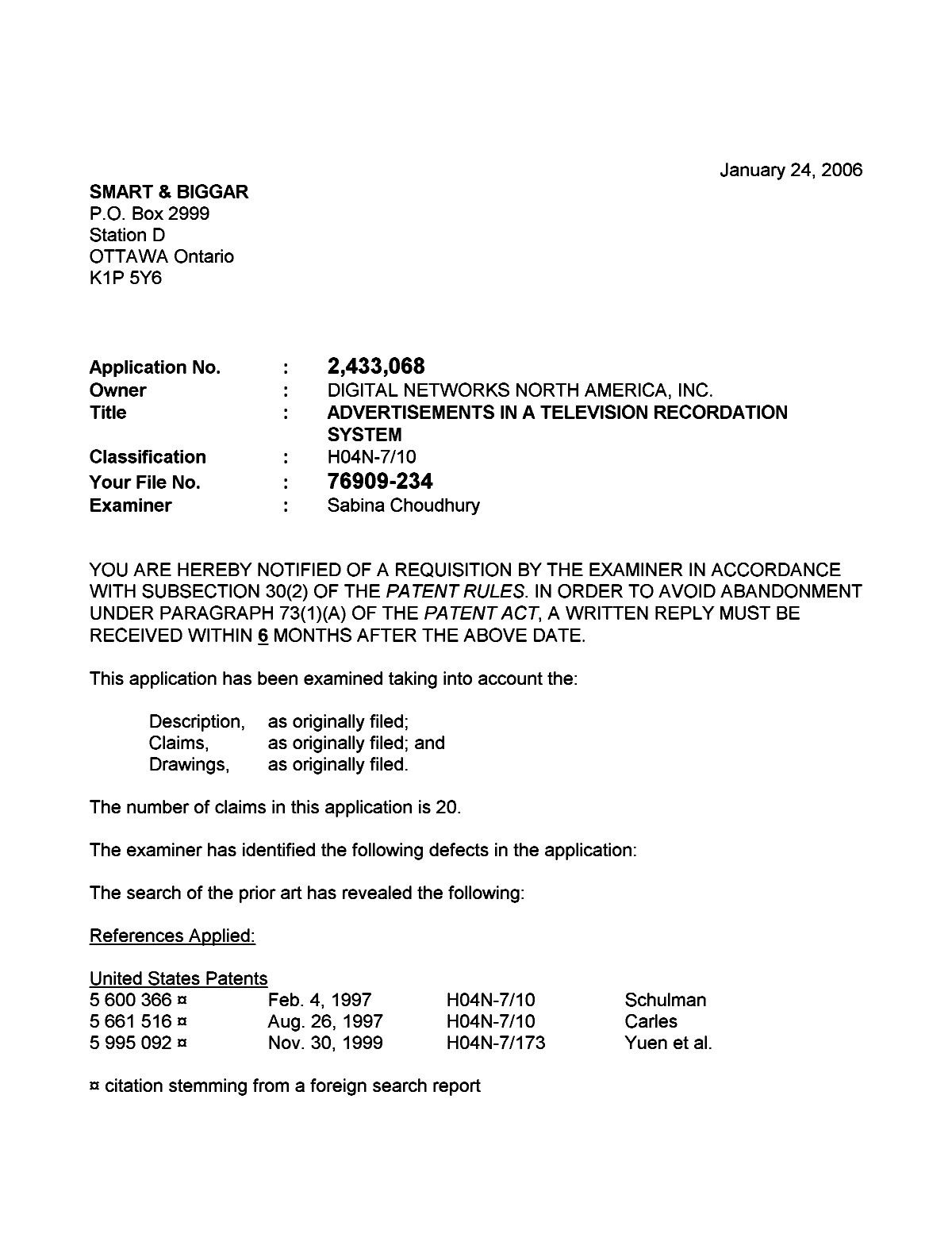 Canadian Patent Document 2433068. Prosecution-Amendment 20060124. Image 1 of 4