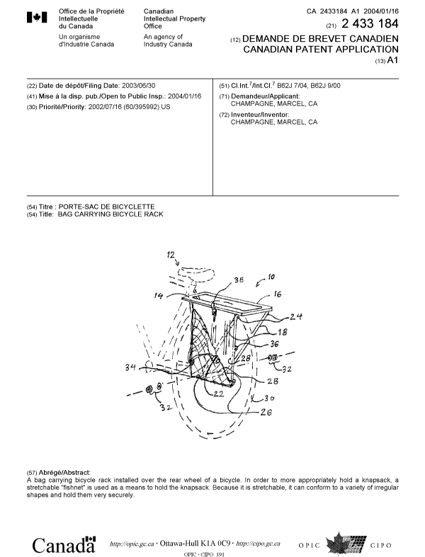 Document de brevet canadien 2433184. Page couverture 20031219. Image 1 de 1