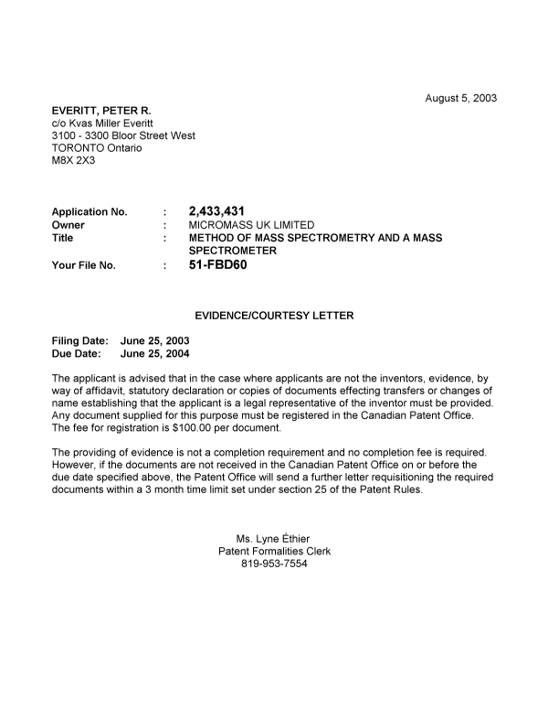 Canadian Patent Document 2433431. Correspondence 20030804. Image 1 of 1