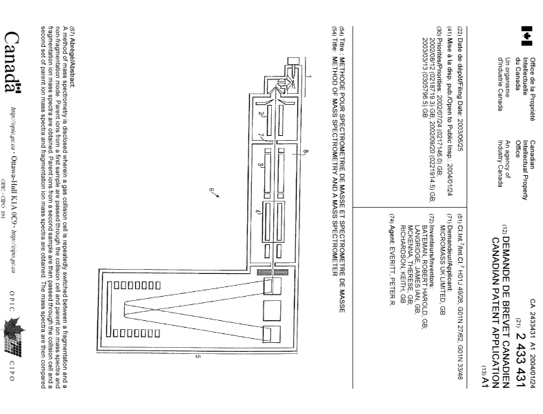 Canadian Patent Document 2433431. Cover Page 20031229. Image 1 of 2